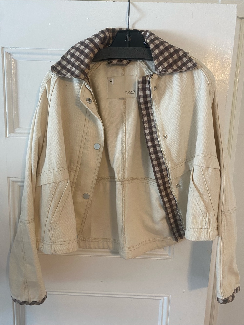 Pilcro Cream Jacket with Brown Plaid Trim